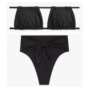 WeWoreWhat Ruched Bandeau Halter Bikini Top High Waisted Tie Riviera Bottoms